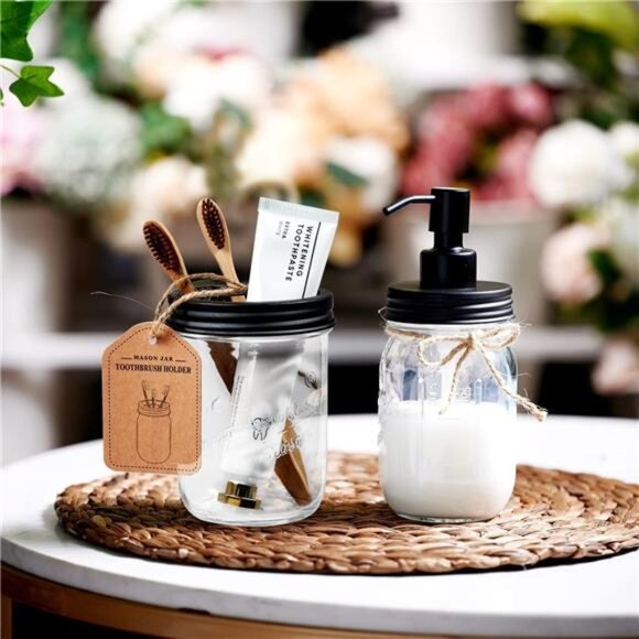 Farmhouse bathroom mason jar toothbrush holder rustic vanity organizer black - Picture 5 of 8